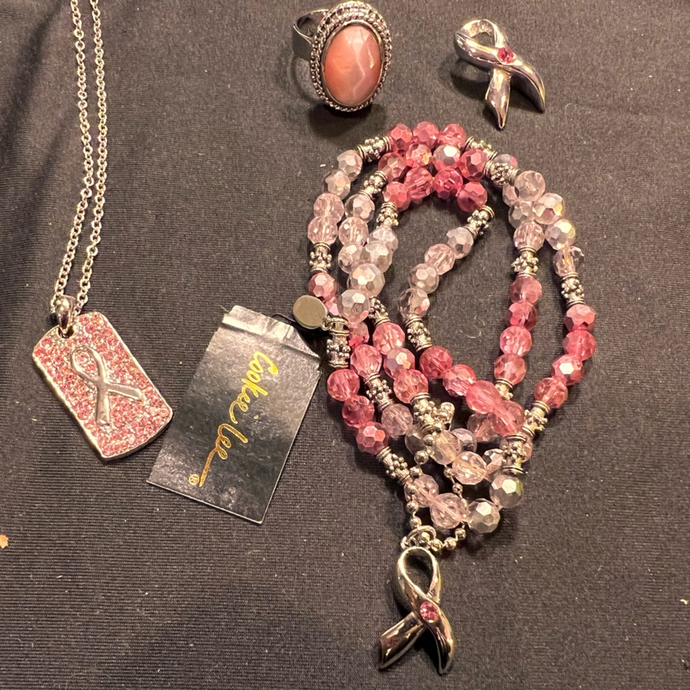 Cookie Lee- breast cancer set- necklace, 3 brackets with charm, pink ring, pin